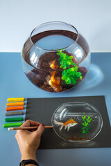 Soft pastel painting, drawing of gold fish in the bowl on the blue background. Set of soft pastel crayons	
