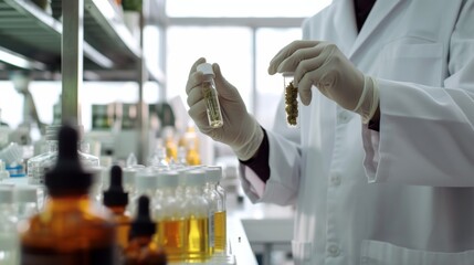 Scientist working in lab to extract cannabis oil from plant.