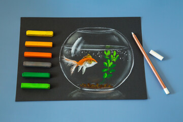 Soft pastel painting of gold fish in the bowl on the blue background
