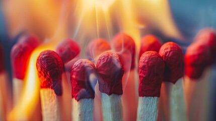 A pile of matches with lighted tips form a bright flame. The concept of danger and destruction. Illustration for cover, card, postcard, interior design, poster, brochure or presentation. - obrazy, fototapety, plakaty