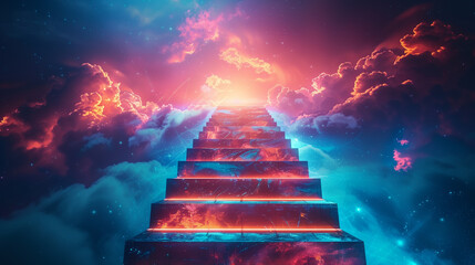 A towering staircase leading to a glowing summit - obrazy, fototapety, plakaty