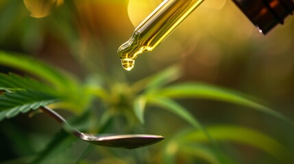 Cannabis CBD oil with plant leaf