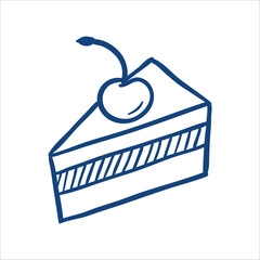 Piece of cake with cherry. Hand drawn vector illustration