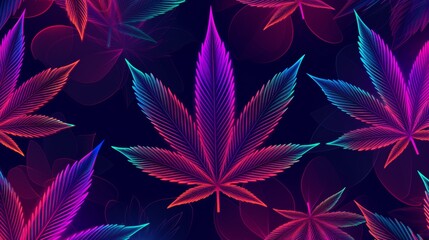 Vector illustration of pink purple glowing cannabis plant leaf background seamless pattern.