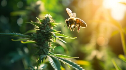 Bees and cannabis plant growing in outdoor field in a large plantation farm.