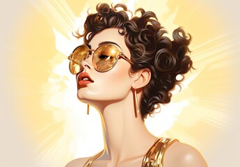 Beautiful young woman in sunglasses. Fashionable image of the model. The female image is drawn. Illustration for poster, cover, brochure, card, postcard, interior design or print.