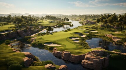 An aerial view of a lush golf course with a serene river gracefully winding through the landscape