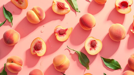Fresh peaches arranged on an isolated peach-colored background, captured from a top-down perspective