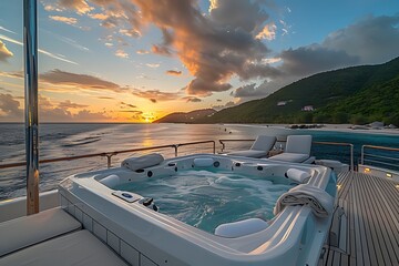 Luxury yacht Jacuzzi. High end yacht hot tub. Private yacht jacuzzi with the beautiful evening sundown scenery beach sea view. Generative AI