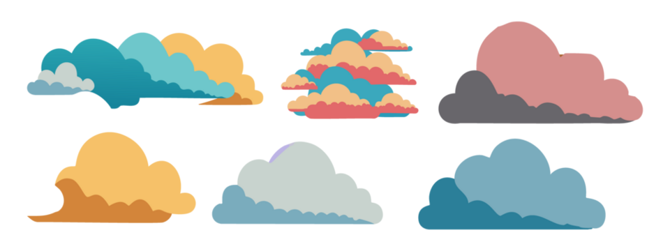 set of bright colour cloud png vector background Different shape cartoon bright clouds