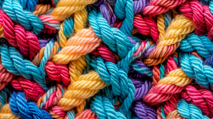 knitting texture with multi-colored threads. Selective focus. - obrazy, fototapety, plakaty