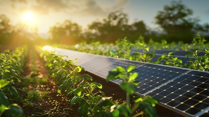 A sustainable farm showcasing the innovative agrivoltaics concept, where solar panels are harmoniously integrated above crops to maximize land use for renewable energy and agriculture. - obrazy, fototapety, plakaty