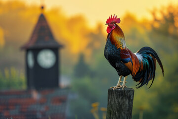 Morning Charm, Colorful Rooster on Wooden Pole at Sunrise - obrazy, fototapety, plakaty