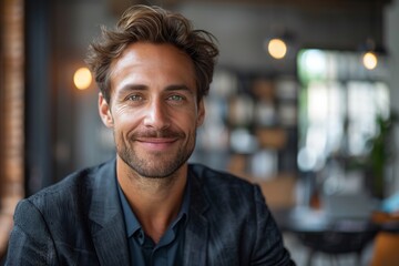 Obraz premium Smiling man in a casual black blazer sitting in a modern cafe during daylight hours engaging in conversation with friends