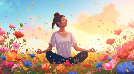 A person doing yoga in spring field full of grass and flower. Seasonal allergy vector illustration clip art - 759134699