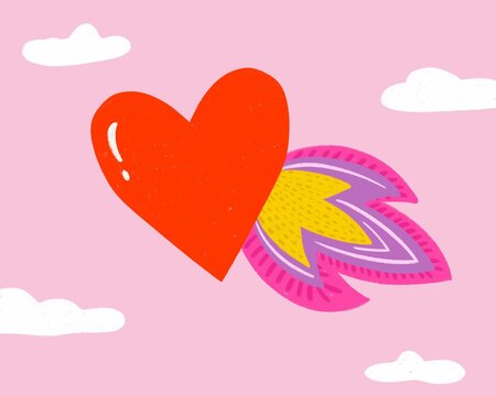 Falling in love, flying heart on fire, Valentine's day concept.