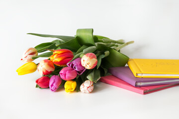 tulips bouquet, flowers with the set of colorful photobooks on the white background