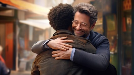 Fototapeta premium Celebrating International Hug Day, a couple of men hug joyfully on the street on International Hug Day.