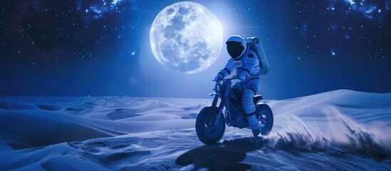 astronaut in spacesuit riding a motorbike in moon