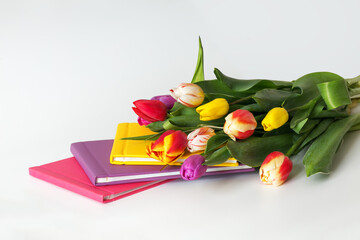 tulips bouquet, flowers with the set of colorful photobooks on the white background