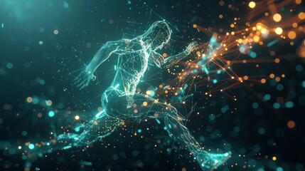 Glowing hologram of human body 3D structure running pose with dark background.