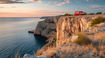 landscape of a cliff, with the sea in the background, on the cliff is parked a camper van, - obrazy, fototapety, plakaty