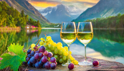 Deux verres de vin blanc et des grappes de raisin au bord d'un lac de montagne.  - obrazy, fototapety, plakaty