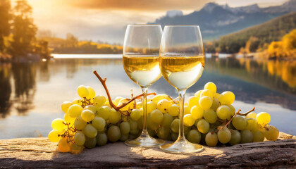 Deux verres de vin blanc et des grappes de raisin au bord d'un lac de montagne. 
