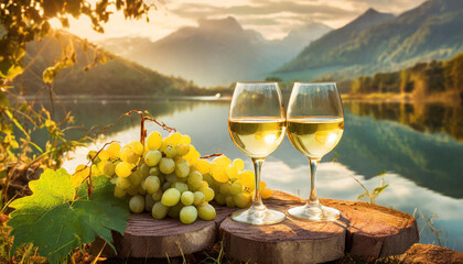 Deux verres de vin blanc et des grappes de raisin au bord d'un lac de montagne.  - obrazy, fototapety, plakaty
