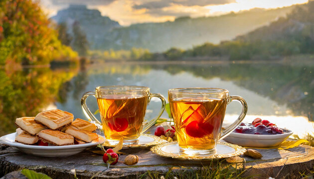 Deux petits d&eacute;jeuners servis au bord d'un lac de montagne.