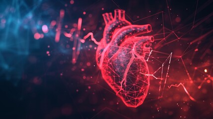 Glowing hologram of human heart organ 3D structure with dark background. - obrazy, fototapety, plakaty