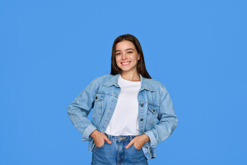 Smiling pretty freckled stylish gen z brunette Latin girl, cute cheerful happy Hispanic teen...