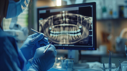 Dentist with digital X-ray computer monitor - obrazy, fototapety, plakaty