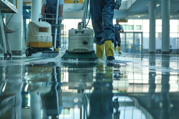 Photo of special team of people cleaning the room. Mops, buckets and special equipment are also on the photo. Development of the cleaning company industry
