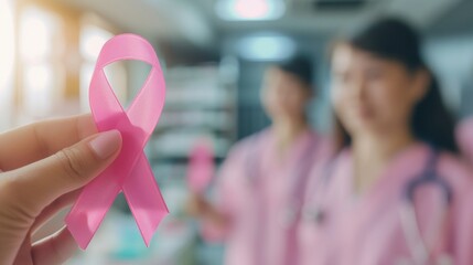 Female holding pink bow tie for breast cancer awareness campaign promotion
