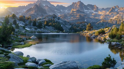 Alpine Lake at Sunset with Mountain Backdrop