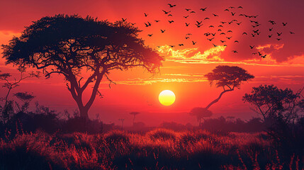 Sunset scenery. Late autumn evening sky with flock of birds. unfocused.