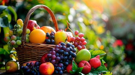 Basket with fresh fruits in the garden. Selective focus.