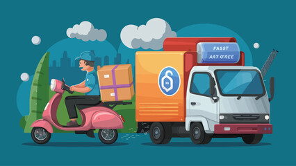 2d vector illustration A courier wearing a shirt is delivering a package mobile with location gps