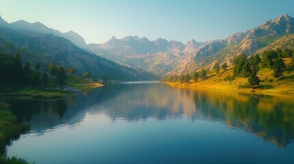 Fototapeta na wymiar Peaceful Mountain Lake in Valley at Daytime