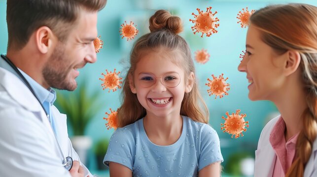 Friendly pediatrician and smiling nurse around a young girl in a bright medical clinic. viruses floating in the air, focuses on the topic of health and prevention.