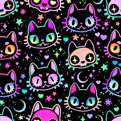 Seamless vector illustration. Drawn cute animals in bright colors on a black background