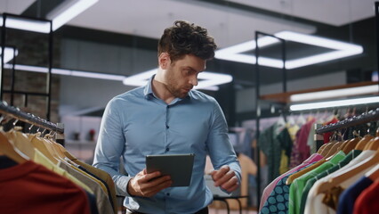 Shop assistant checking tablet working in store closeup. Man doing inventory