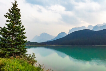 view from the shore of the Waterfowl lake in Alberta, Canada