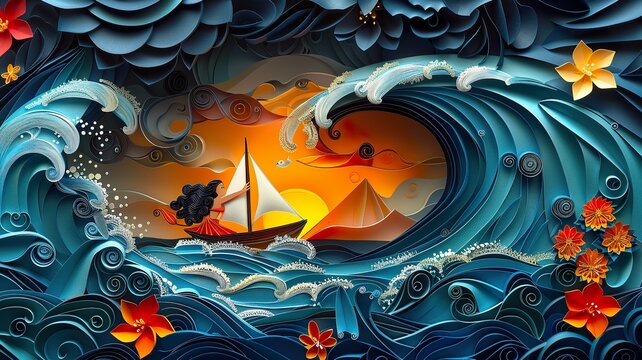 Paper quilling, paper cut art, paper illustration, moana cartoon character on a sailing boat