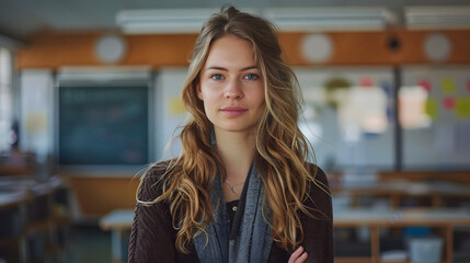 Obraz premium professional school teacher, classroom, professional photoshoot with natural lighting.