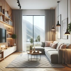 Interior design of modern scandinavian apartment  living room 3d rendering