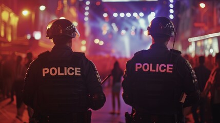 Police officer on active duty patrolling in a busy city street