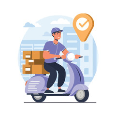 2d vector illustration A courier wearing a shirt is delivering a package mobile with location gps