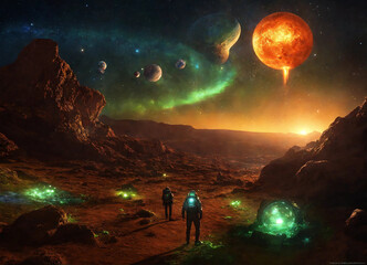 Planets with nebula in the background, planets of a solar system, Generative AI